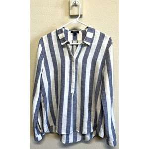 AYR Women's M The Easy Linen Shirt Striped Collared Half Button Down Blue White